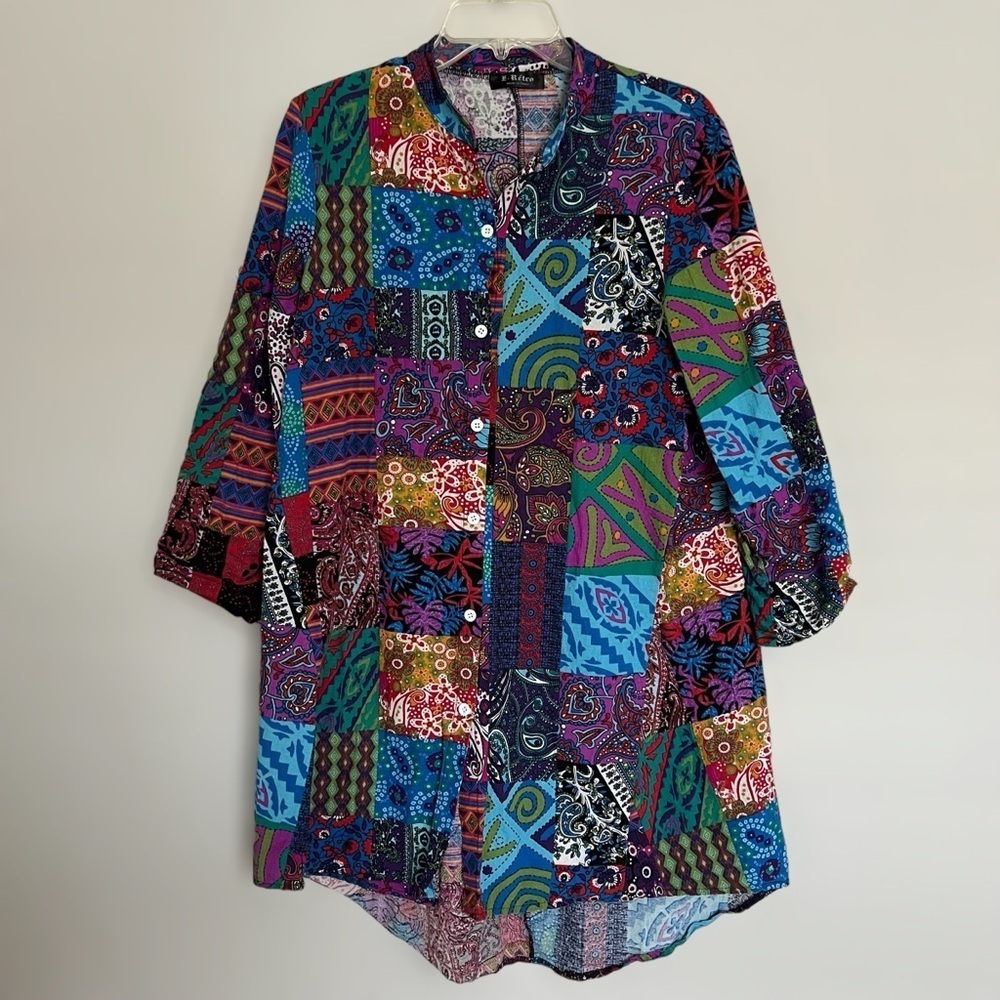E Retro Patchwork 90s Oversized Button Up Tunic Size M Artsy Eclectic Lagenlook